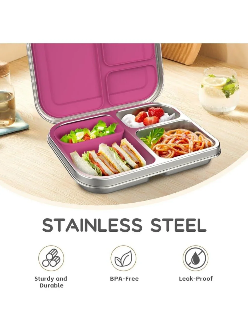 Leak-Resistant Stainless Steel Bento Lunch Box for Kids - 3 Compartments